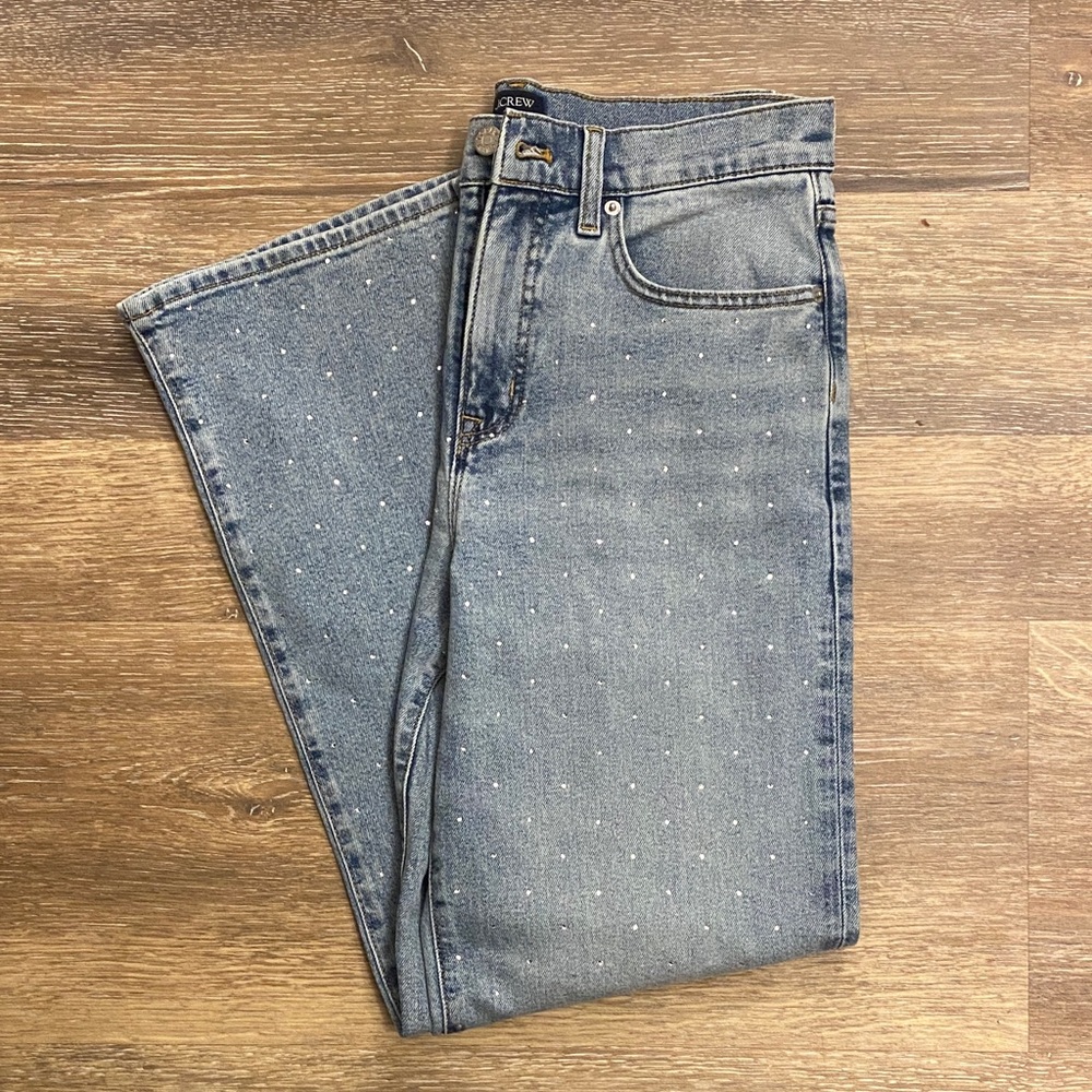 J Crew full length slim wide leg jean. Embellished front.